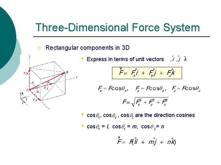 Three-Dimensional Force System ¡ Rectangular components in 3 D • Express in terms of