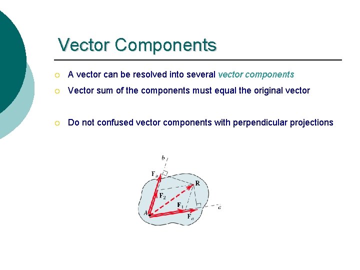 Vector Components ¡ A vector can be resolved into several vector components ¡ Vector