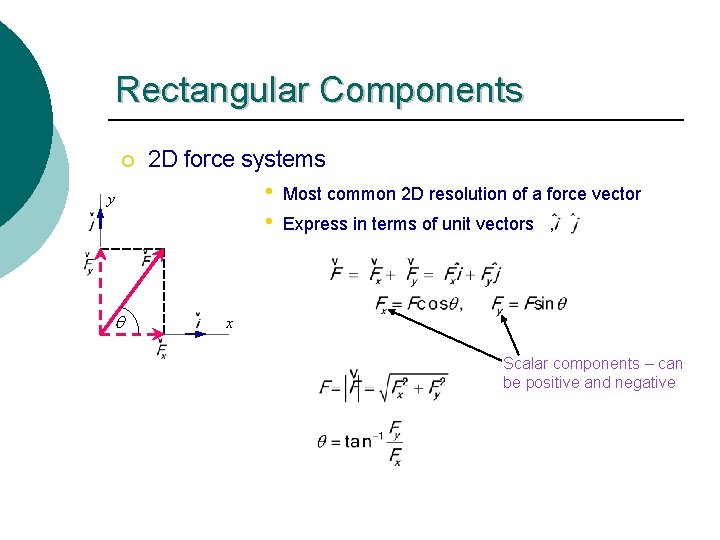 Rectangular Components ¡ 2 D force systems • • y q Most common 2