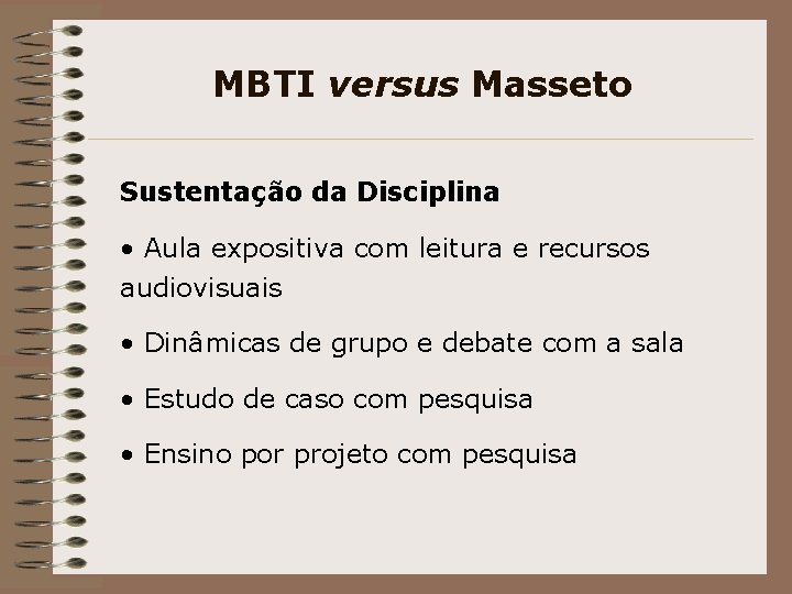 MBTI versus Masseto Sustentação da Disciplina • Aula expositiva com leitura e recursos audiovisuais