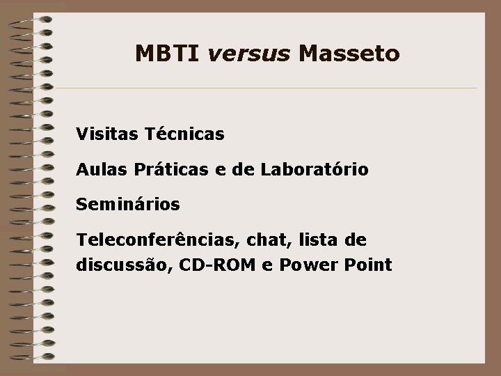 MBTI versus Masseto Visitas Técnicas Aulas Práticas e de Laboratório Seminários Teleconferências, chat, lista