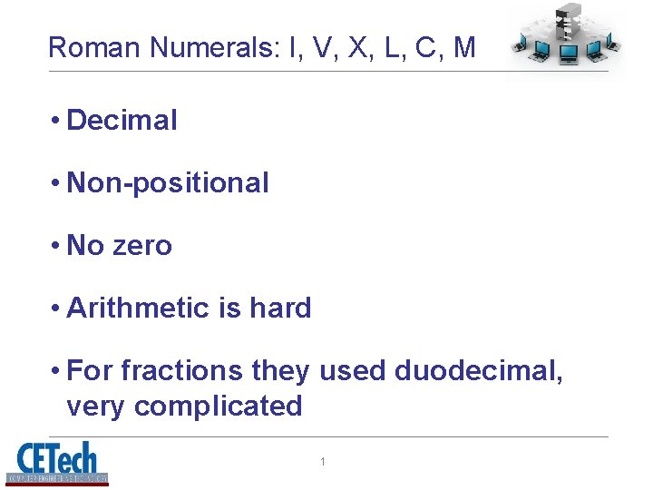 Roman Numerals: I, V, X, L, C, M • Decimal • Non-positional • No