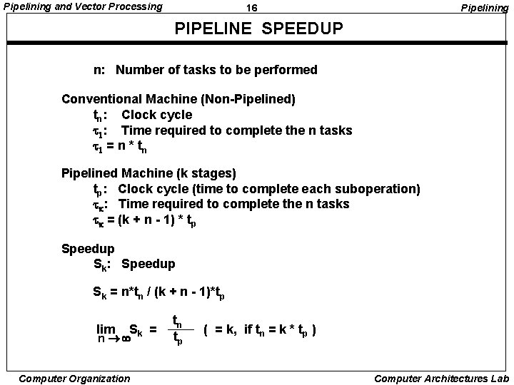 Pipelining and Vector Processing 16 Pipelining PIPELINE SPEEDUP n: Number of tasks to be