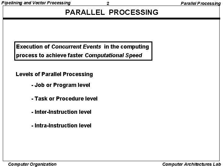 Pipelining and Vector Processing 2 Parallel Processing PARALLEL PROCESSING Execution of Concurrent Events in