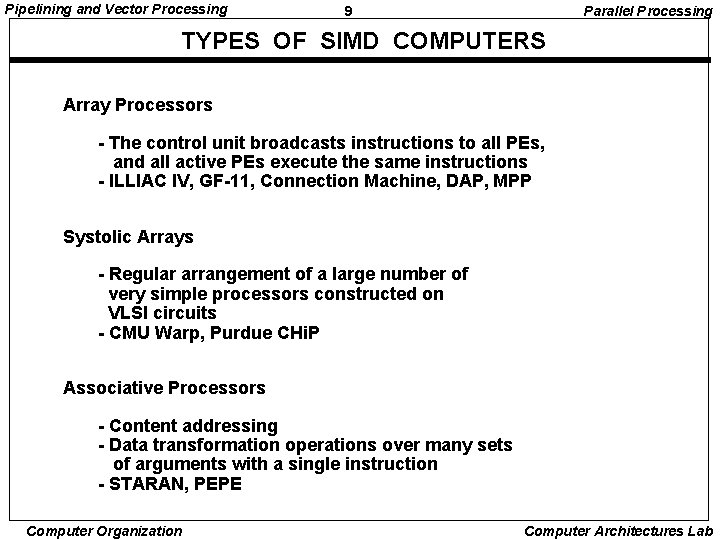 Pipelining and Vector Processing 9 Parallel Processing TYPES OF SIMD COMPUTERS Array Processors -