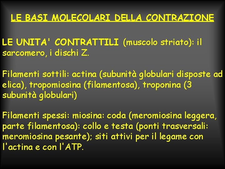 LE BASI MOLECOLARI DELLA CONTRAZIONE LE UNITA' CONTRATTILI (muscolo striato): il sarcomero, i dischi