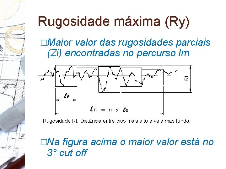 Rugosidade máxima (Ry) �Maior valor das rugosidades parciais (Zi) encontradas no percurso lm �Na