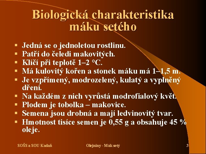 Biologická charakteristika máku setého § § § § § Jedná se o jednoletou rostlinu.