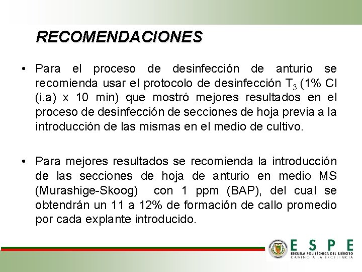 RECOMENDACIONES • Para el proceso de desinfección de anturio se recomienda usar el protocolo