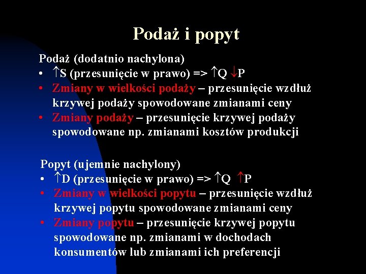 Podaż i popyt Podaż (dodatnio nachylona) • S (przesunięcie w prawo) => Q P