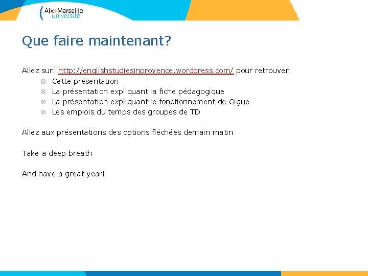 Que faire maintenant? Allez sur: http: //englishstudiesinprovence. wordpress. com/ pour retrouver: Cette présentation La