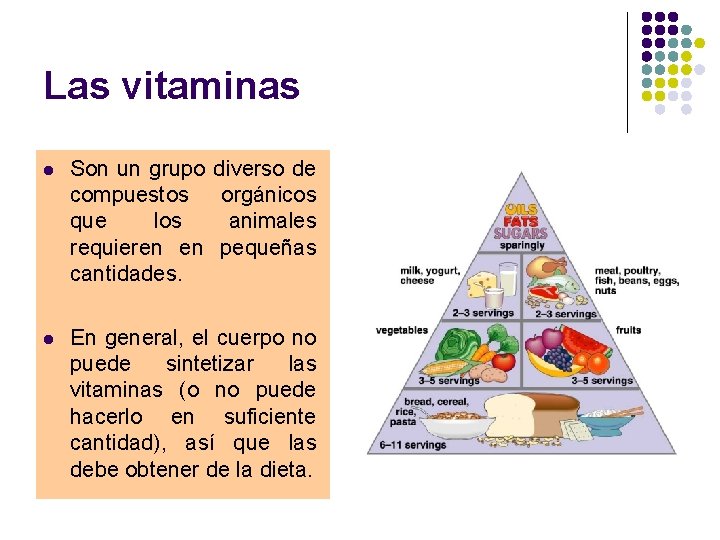 Las vitaminas l Son un grupo diverso de compuestos orgánicos que los animales requieren Las vitaminas l Son un grupo diverso de compuestos orgánicos que los animales requieren
