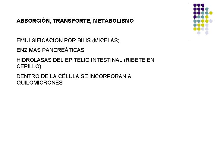 ABSORCIÓN, TRANSPORTE, METABOLISMO EMULSIFICACIÓN POR BILIS (MICELAS) ENZIMAS PANCREÁTICAS HIDROLASAS DEL EPITELIO INTESTINAL (RIBETE ABSORCIÓN, TRANSPORTE, METABOLISMO EMULSIFICACIÓN POR BILIS (MICELAS) ENZIMAS PANCREÁTICAS HIDROLASAS DEL EPITELIO INTESTINAL (RIBETE