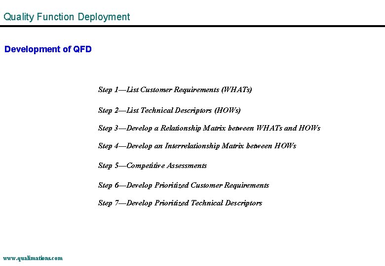 Quality Function Deployment Development of QFD Step 1—List Customer Requirements (WHATs) Step 2—List Technical
