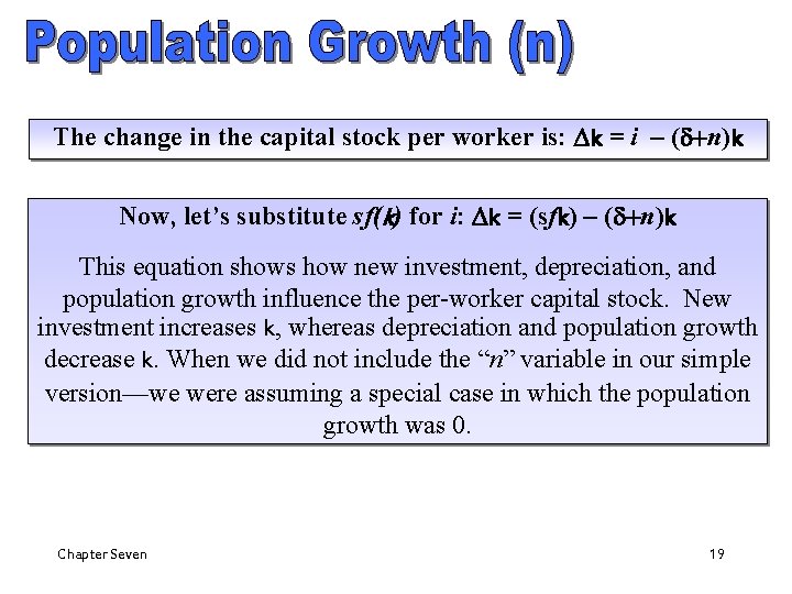 The change in the capital stock per worker is: Dk = i – (d+n)k