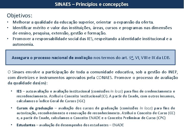 SINAES – Princípios e concepções Objetivos: • Melhorar a qualidade da educação superior, orientar