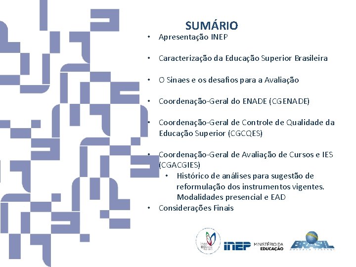 SUMÁRIO • Apresentação INEP • Caracterização da Educação Superior Brasileira • O Sinaes e