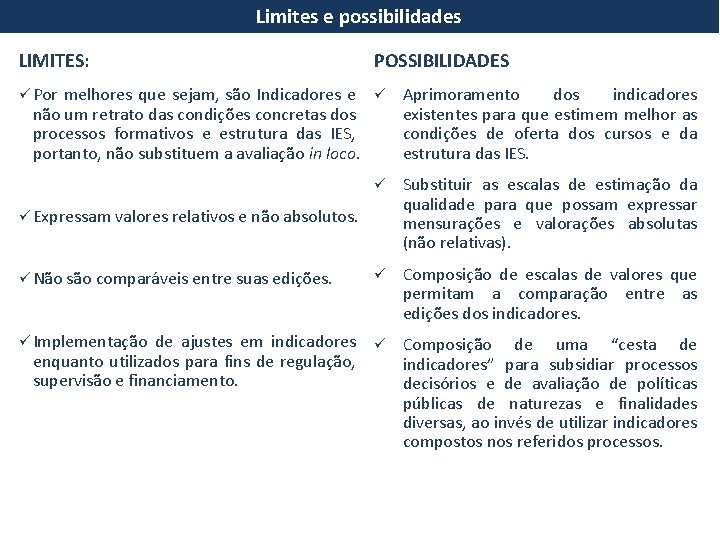 Limites e possibilidades LIMITES: POSSIBILIDADES ü Por melhores que sejam, são Indicadores e ü