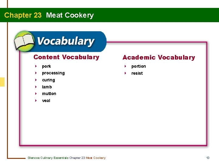 Chapter 23 Meat Cookery Content Vocabulary Academic Vocabulary pork portion processing resist curing lamb