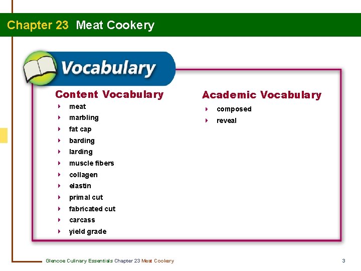 Chapter 23 Meat Cookery Content Vocabulary Academic Vocabulary meat composed marbling reveal fat cap