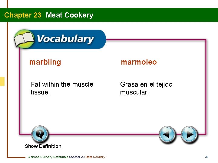 Chapter 23 Meat Cookery marbling marmoleo Fat within the muscle tissue. Grasa en el