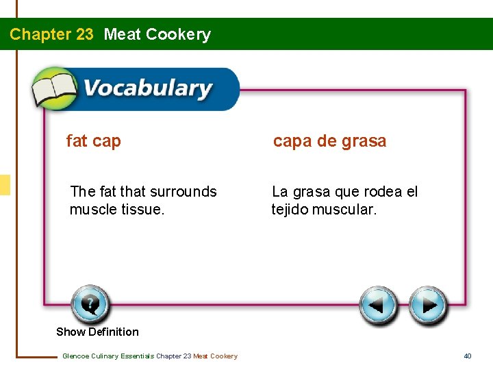 Chapter 23 Meat Cookery fat capa de grasa The fat that surrounds muscle tissue.