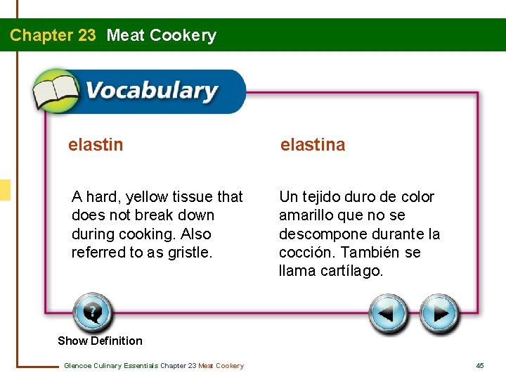 Chapter 23 Meat Cookery elastina A hard, yellow tissue that does not break down