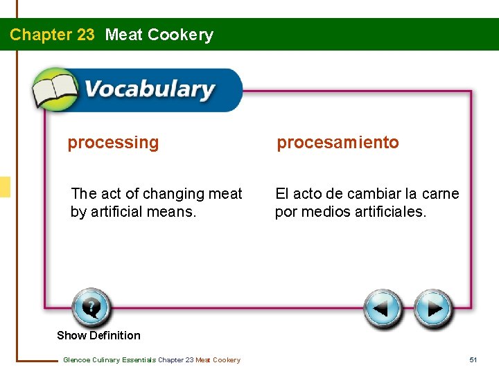 Chapter 23 Meat Cookery processing procesamiento The act of changing meat by artificial means.