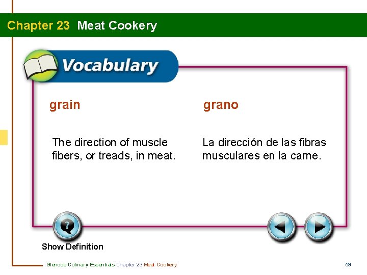 Chapter 23 Meat Cookery grain grano The direction of muscle fibers, or treads, in