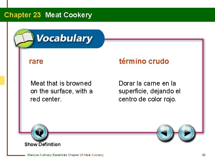 Chapter 23 Meat Cookery rare término crudo Meat that is browned on the surface,