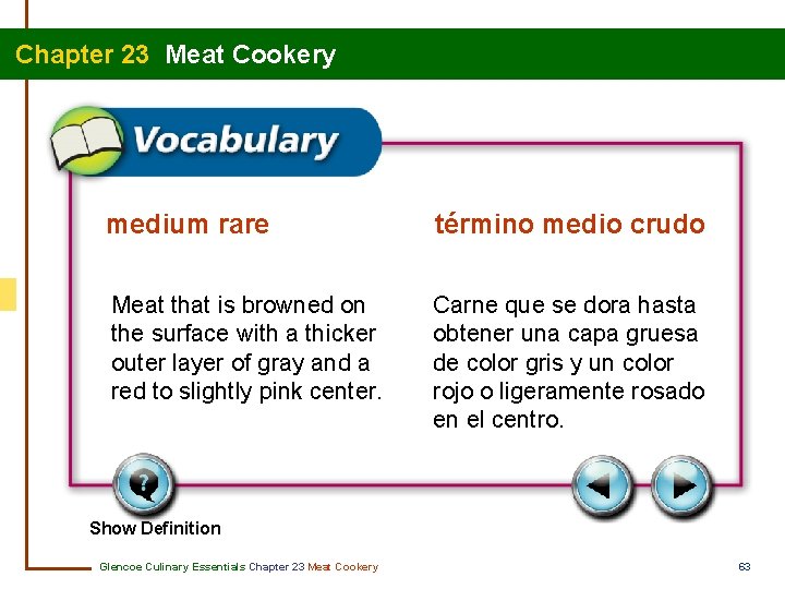 Chapter 23 Meat Cookery medium rare término medio crudo Meat that is browned on