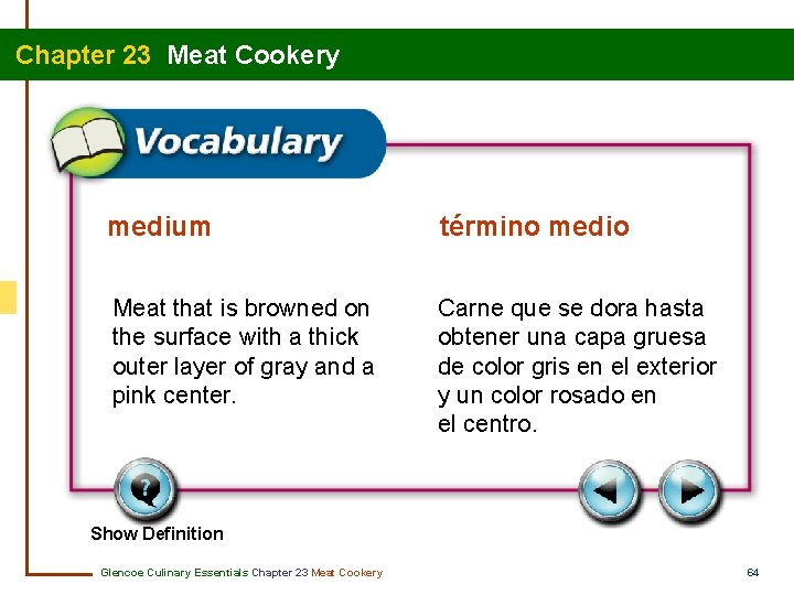 Chapter 23 Meat Cookery medium término medio Meat that is browned on the surface
