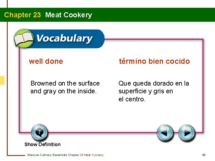 Chapter 23 Meat Cookery well done término bien cocido Browned on the surface and