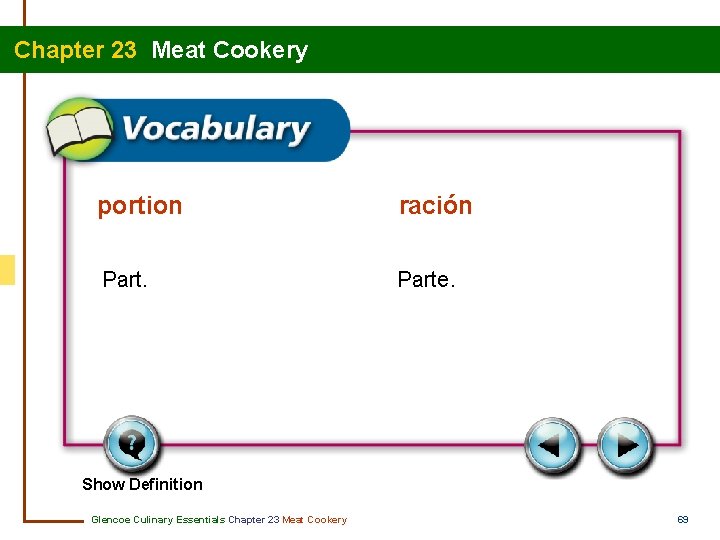 Chapter 23 Meat Cookery portion ración Parte. Show Definition Glencoe Culinary Essentials Chapter 23