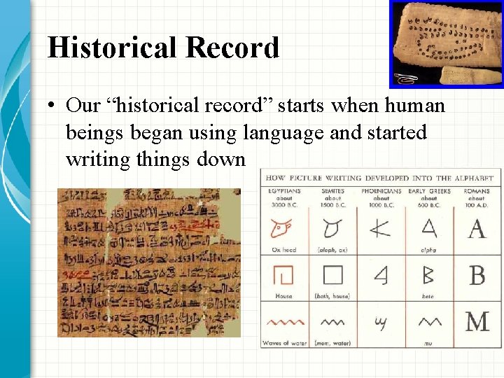 Historical Record • Our “historical record” starts when human beings began using language and