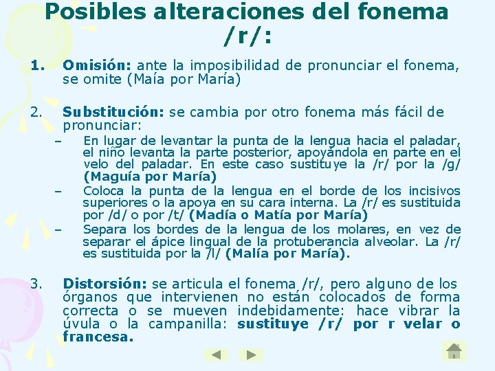 Posibles alteraciones del fonema /r/: 1. Omisión: ante la imposibilidad de pronunciar el fonema,