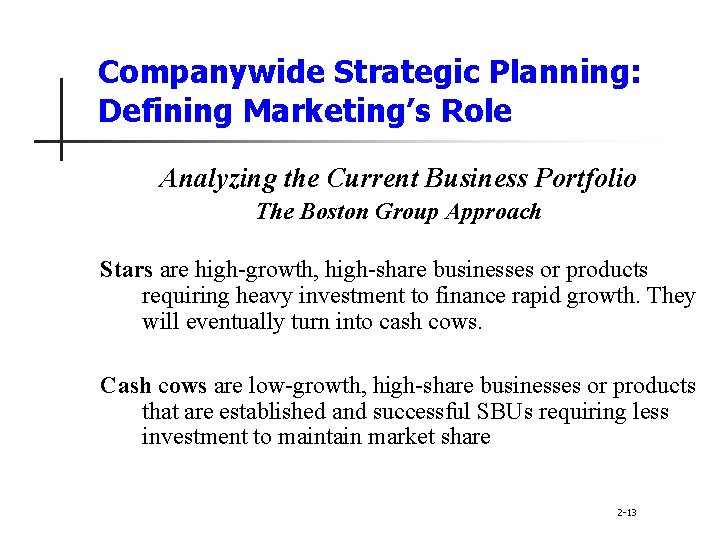Companywide Strategic Planning: Defining Marketing’s Role Analyzing the Current Business Portfolio The Boston Group