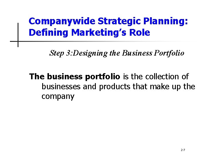 Companywide Strategic Planning: Defining Marketing’s Role Step 3: Designing the Business Portfolio The business