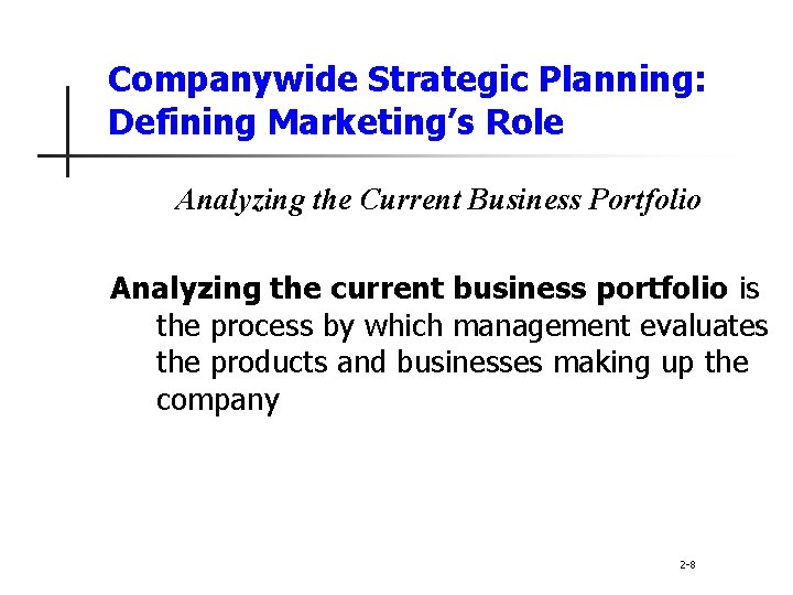 Companywide Strategic Planning: Defining Marketing’s Role Analyzing the Current Business Portfolio Analyzing the current