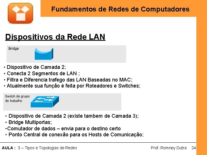 Fundamentos de Redes de Computadores Dispositivos da Rede LAN • Dispositivo de Camada 2;