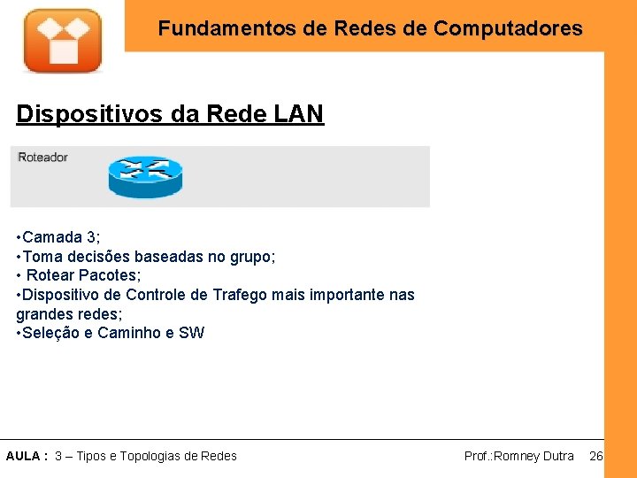 Fundamentos de Redes de Computadores Dispositivos da Rede LAN • Camada 3; • Toma