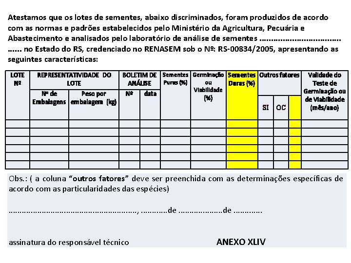 Atestamos que os lotes de sementes, abaixo discriminados, foram produzidos de acordo com as Atestamos que os lotes de sementes, abaixo discriminados, foram produzidos de acordo com as