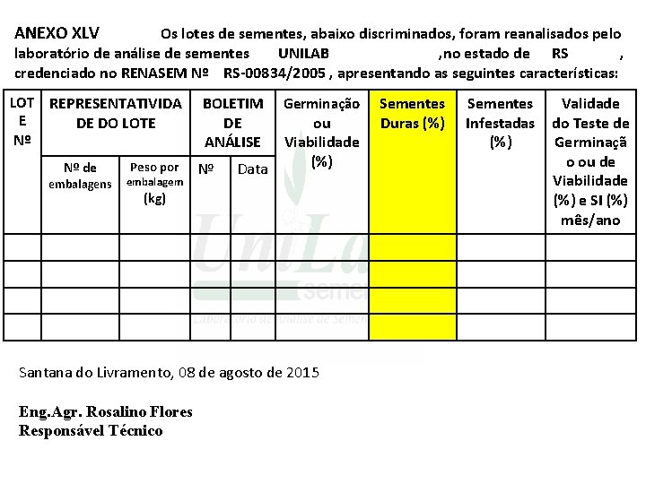 ANEXO XLV Os lotes de sementes, abaixo discriminados, foram reanalisados pelo laboratório de análise ANEXO XLV Os lotes de sementes, abaixo discriminados, foram reanalisados pelo laboratório de análise