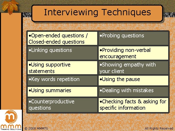 Interviewing Techniques • Open-ended questions / Closed-ended questions • Probing questions • Linking questions