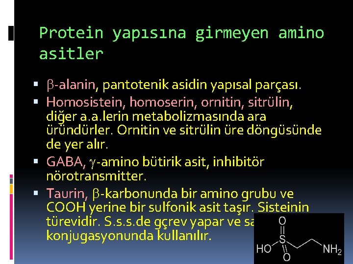 Protein yapısına girmeyen amino asitler -alanin, pantotenik asidin yapısal parçası. Homosistein, homoserin, ornitin, sitrülin,