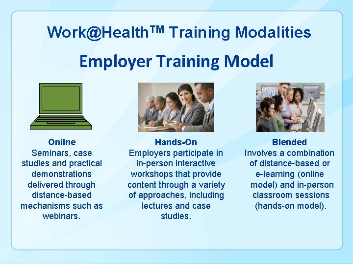 Work@Health. TM Training Modalities Employer Training Model Online Seminars, case studies and practical demonstrations