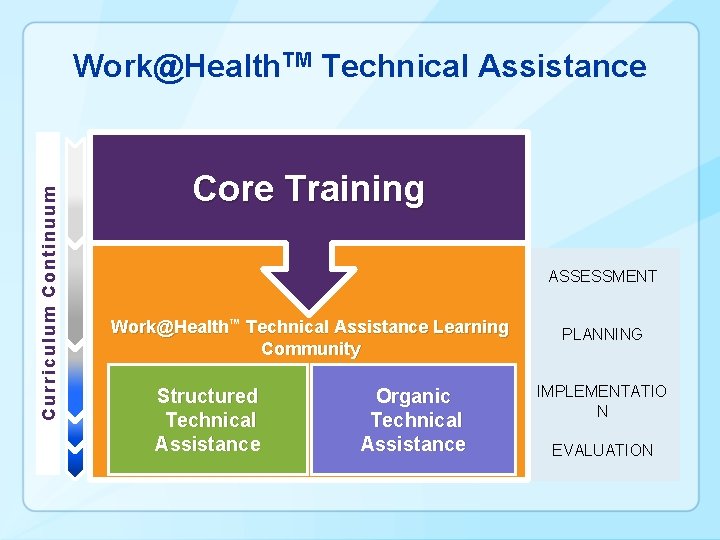 Curriculum Continuum Work@Health. TM Technical Assistance Core Training ASSESSMENT Work@Health™ Technical Assistance Learning Community