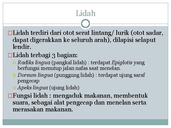 Lidah �Lidah terdiri dari otot serat lintang/ lurik (otot sadar, dapat digerakkan ke seluruh