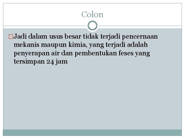 Colon �Jadi dalam usus besar tidak terjadi pencernaan mekanis maupun kimia, yang terjadi adalah