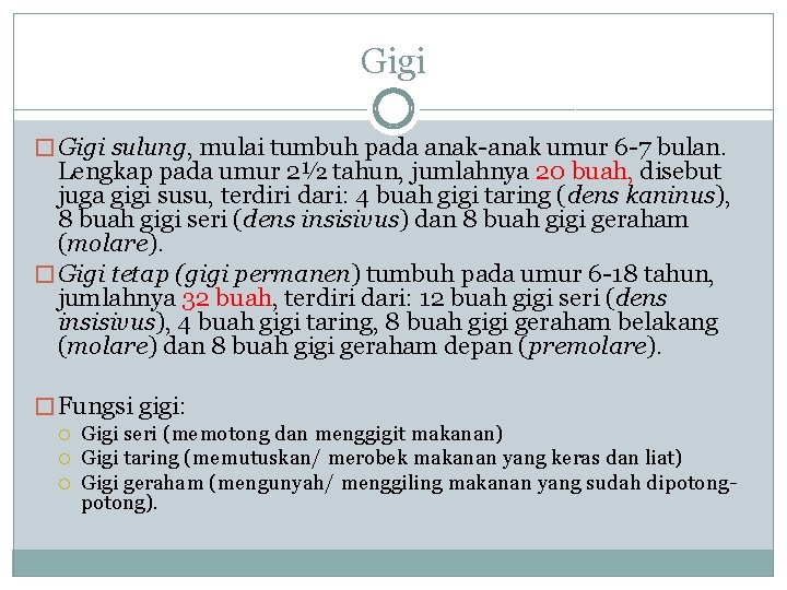 Gigi � Gigi sulung, mulai tumbuh pada anak-anak umur 6 -7 bulan. Lengkap pada